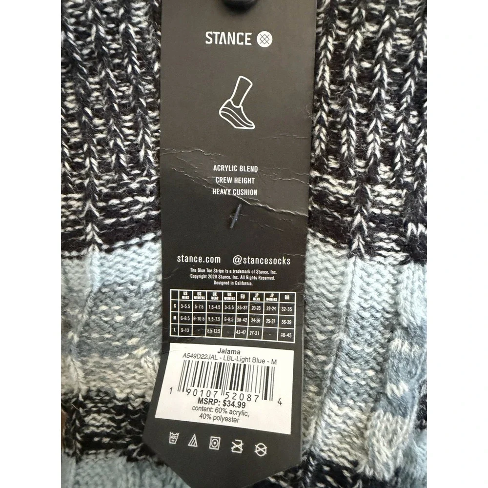 Stance Jalama Casual Crew Socks Light Blue Heavy Cushion Size M New
